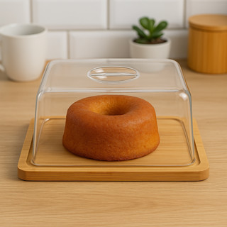 Boleira Porta Bolo Bambu com Tampa Quadrada Pão Torta Pudim Queijo Frios retangular Café d...