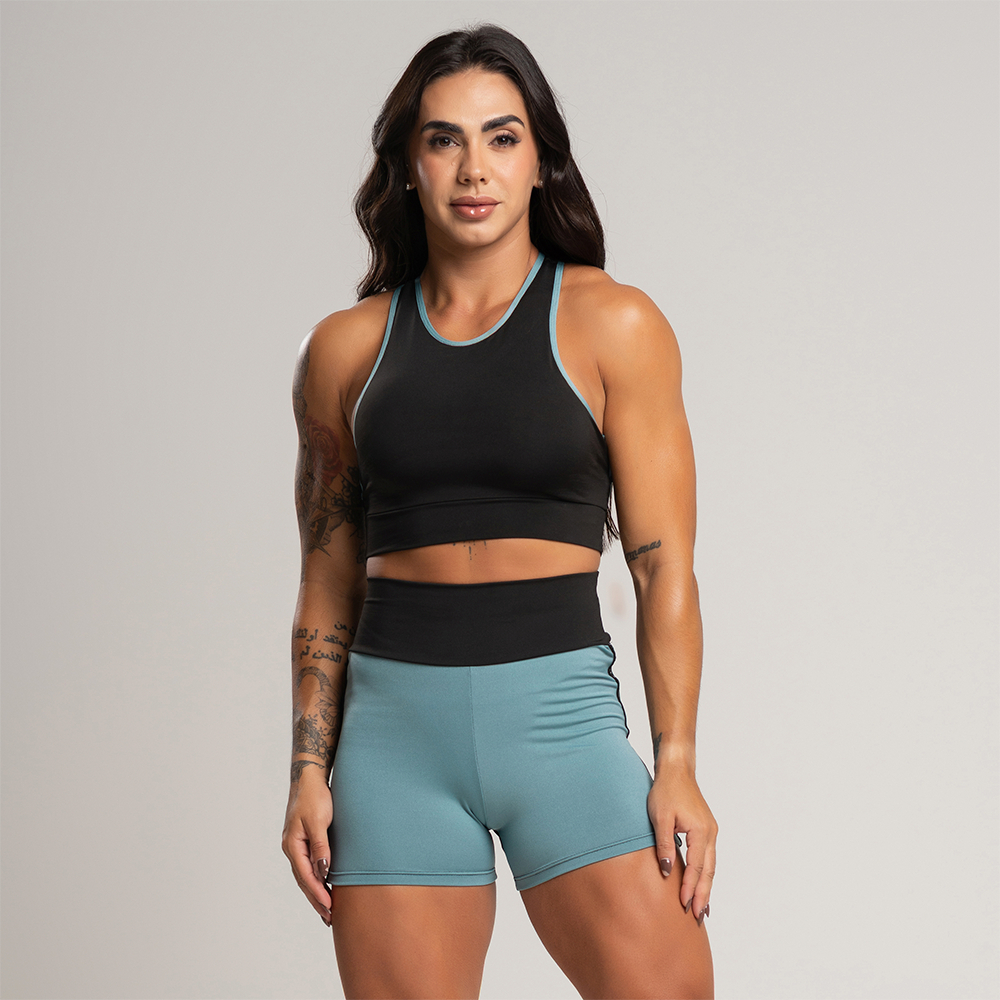 Conjunto fitness short com elástico lateral bicolor + top costas nadador com elástico feminino academia - Sports & Outdoors