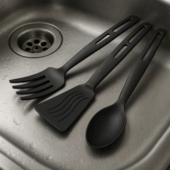 Kit 3 Utensílios Cozinha Nylon Colher Espátula Garfo Resistente e Antirrisco