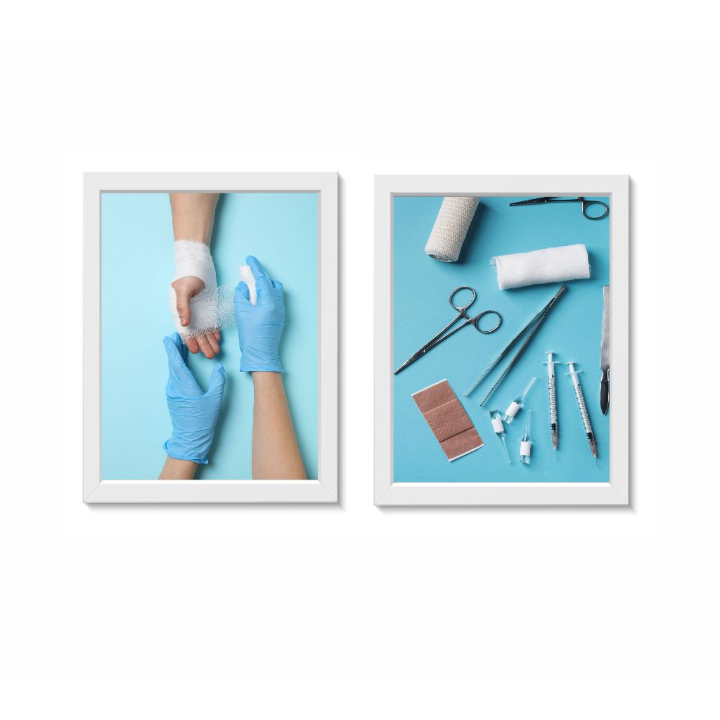 Kit 2 Quadros Decorativos  Curativos Enfermagem Consultório Hospital Moldura 20x30cm Madeira