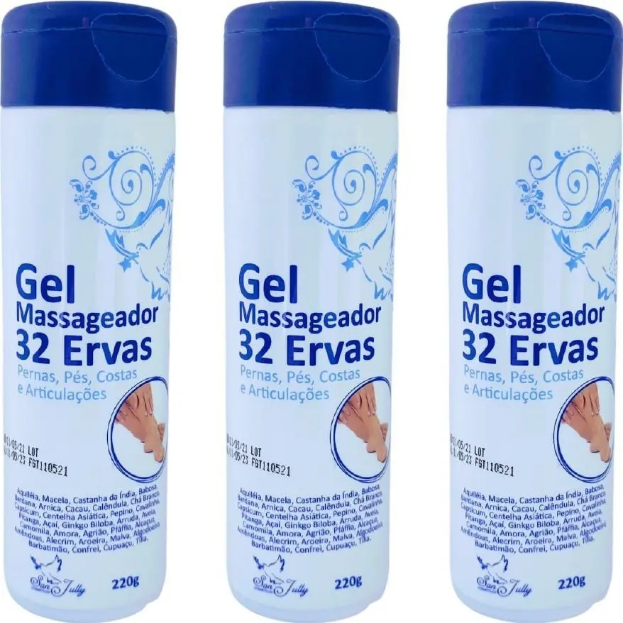 Kit c/ 3 Gel Massageador 32 Ervas 220g Pernas Costas e Articulações - San Jully