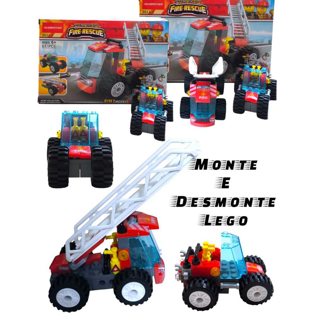 Blocos De Montar Caminhão de Bombeiro C/ Escada 67 Pçs 3 em 1 Fire Rescue Lembrancinha Aniversário