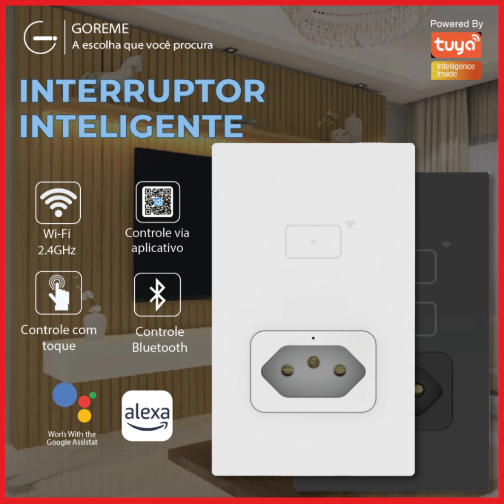 IInterruptor Wifi Inteligente 1 Botão Touch + 1 Tomada Compatível Com Alexa e Google Home,...