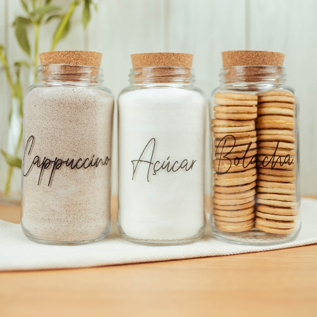 Kit Cantinho do Café - Cappuccino, Açúcar e Bolacha | 3 potes de Vidro 810ml com Tampa Rolha + Adesivos