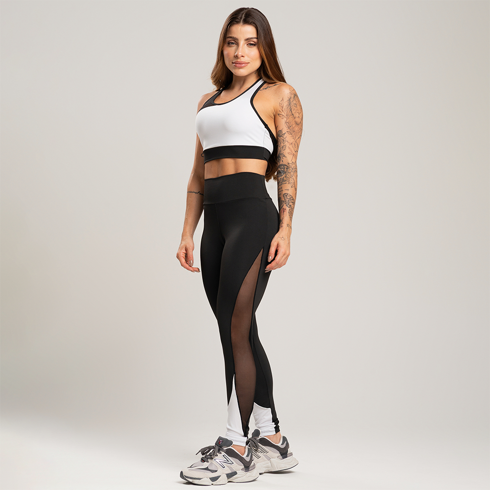 Conjunto fitness calça legging com recortes em tule + top academia costas nadador feminino - Sports & Outdoors