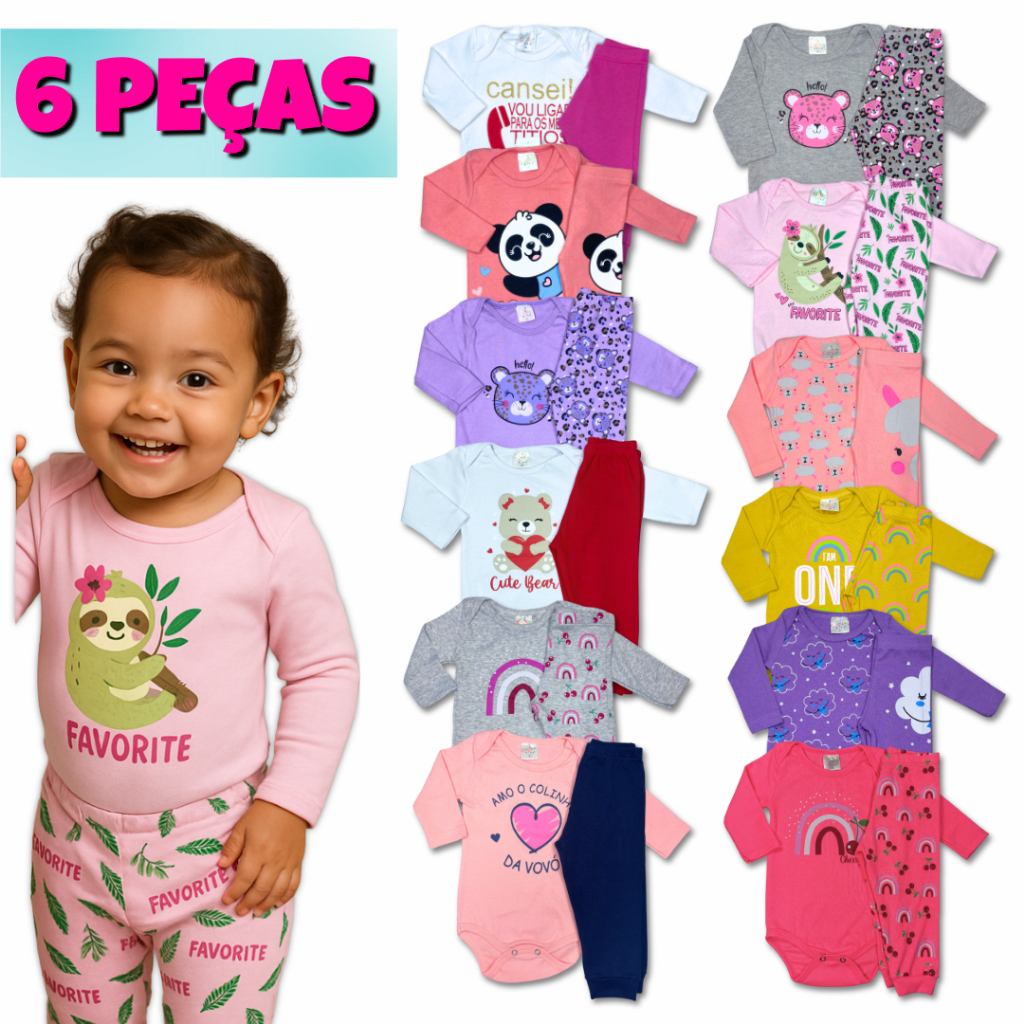 Kit 6 Peças Body Bebe Menina Inverno Manga Longa, Roupas de Bebê, Algodão Estampado Sortido RN ao GG