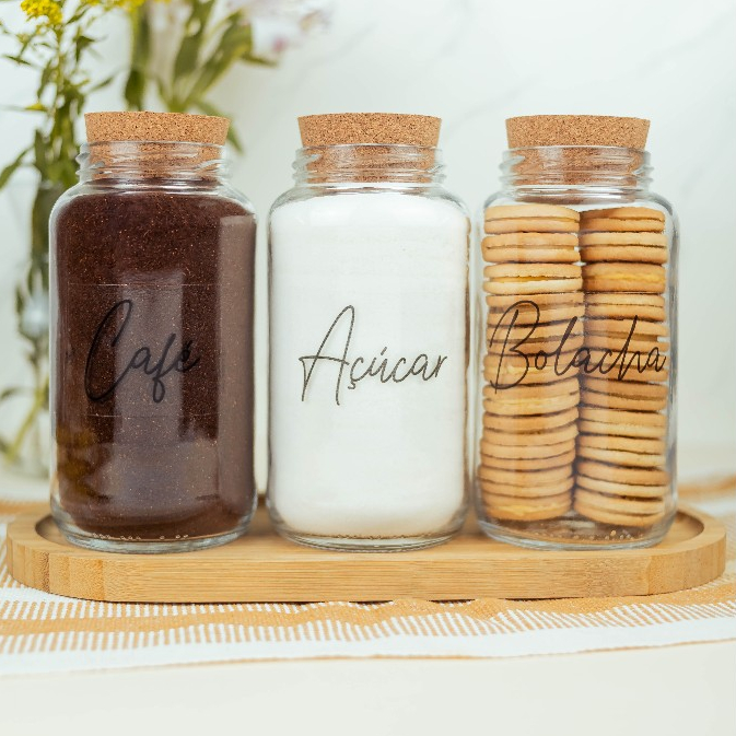 Kit Cantinho do Café - Café, Açúcar e Bolacha | 3 potes de Vidro 810ml com Tampa Rolha + Adesivos