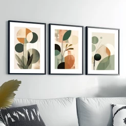 Trio Quadros Decorativos Com Moldura Folhagem Abstrata 50x70 Para Sala Quarto Escritório Grande