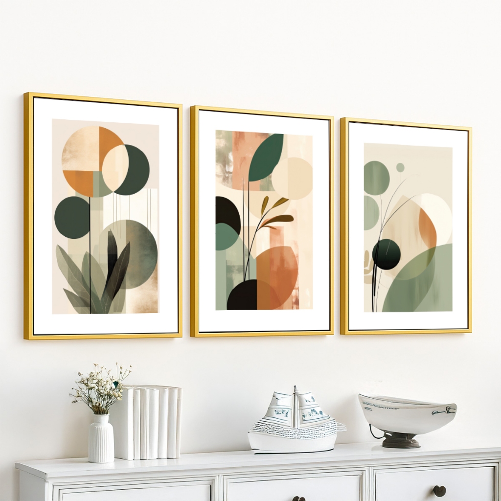 Trio Quadros Decorativos Com Vidro Moldura Folhagem Abstrata Para Sala Quarto Escritório Grande
