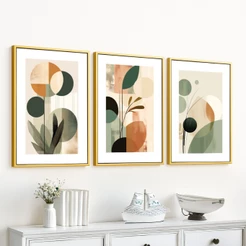 Trio Quadros Decorativos Com Vidro Moldura Folhagem Abstrata Para Sala Quarto Escritório Grande