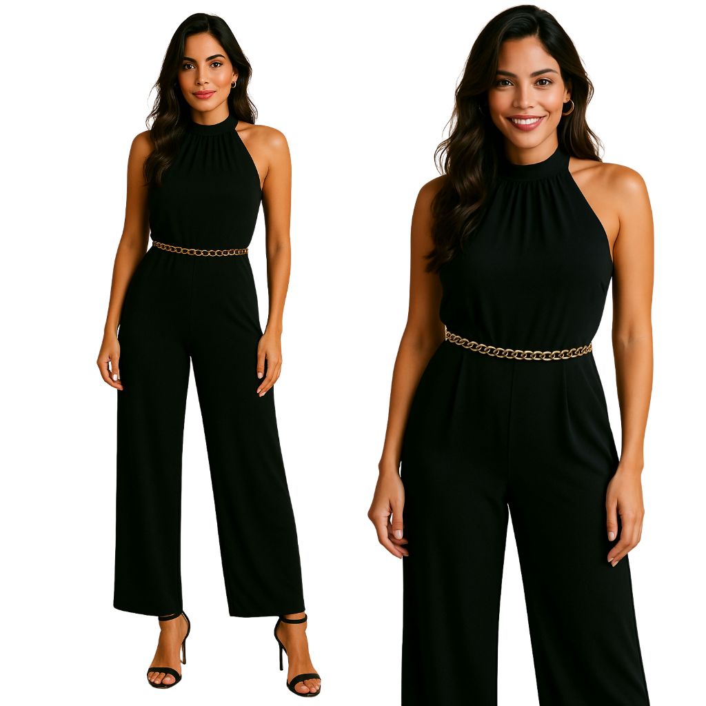 Macacão Feminino Pantalona Gringa com Cinto de Alfaiataria Frente Única