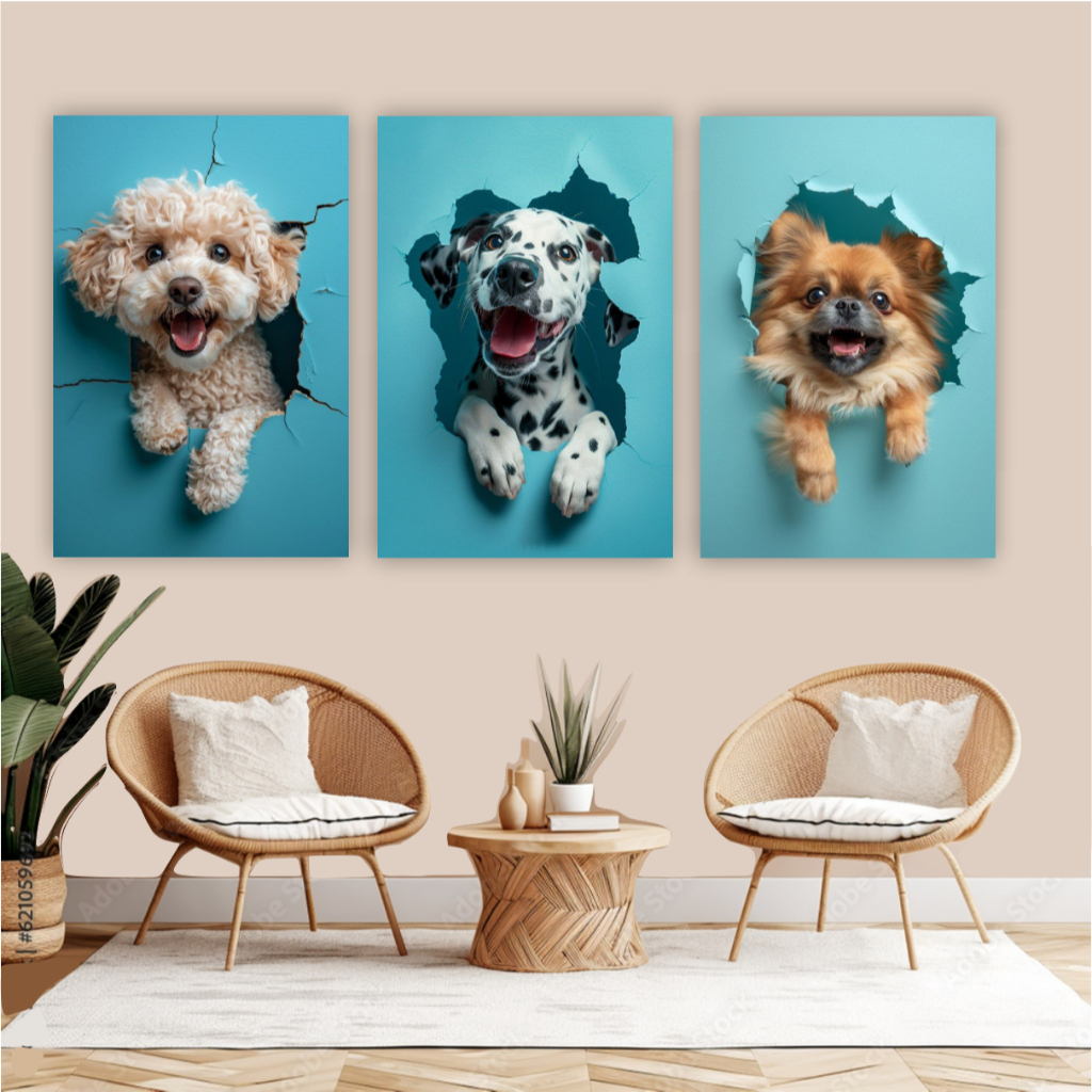 Quadro decorativo 3 peças cachorro decoração para pet shop clínica veterinária