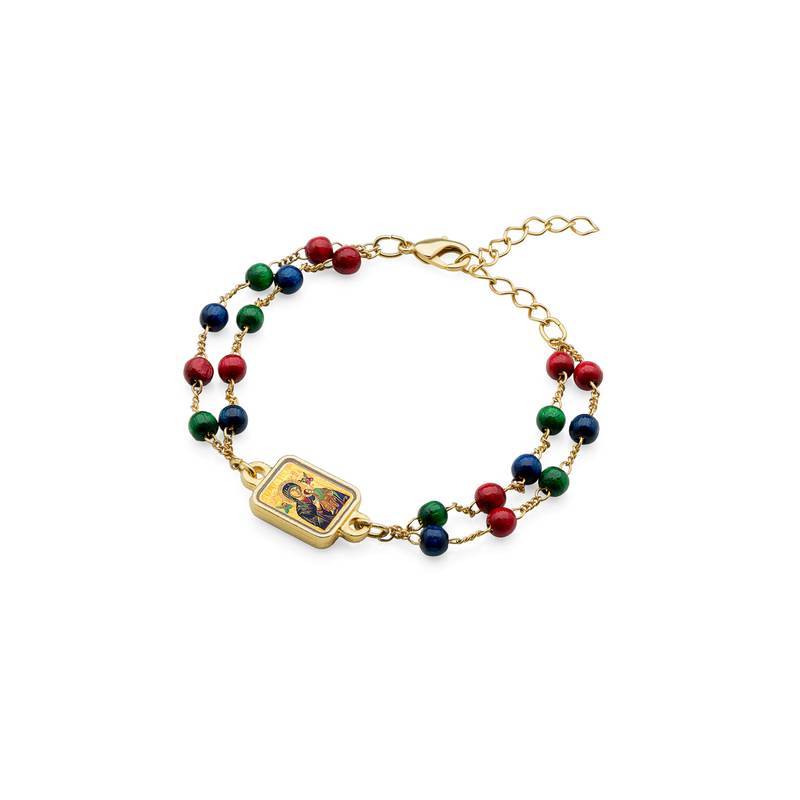 Pulseira Dupla de Nossa Senhora do Perpétuo Socorro Metal dourado e Contas Coloridas - 22cm