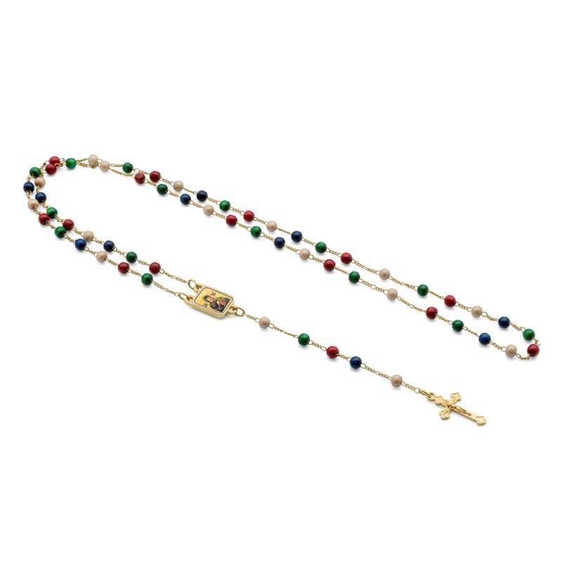 Colar Terço Nossa Senhora do Perpétuo Socorro Contas Coloridas e Metal Dourado - 47cm