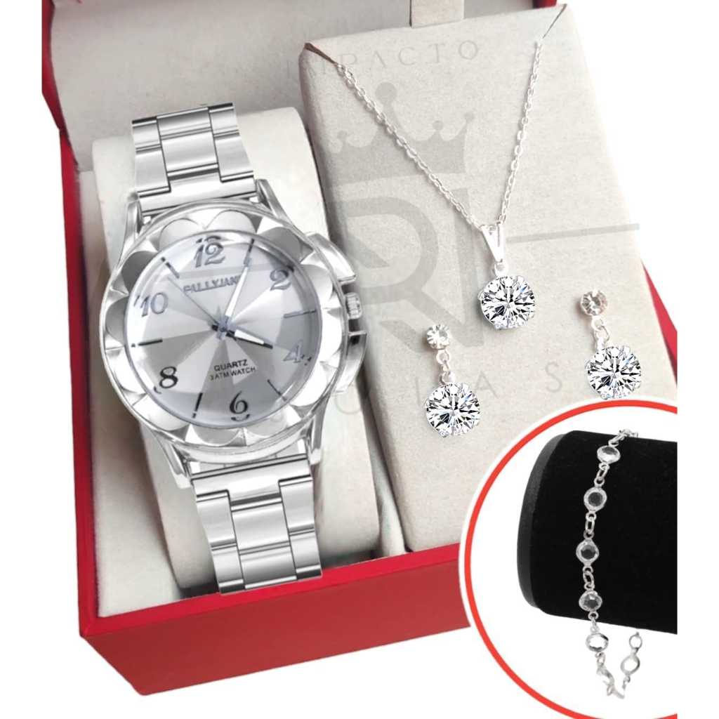 Relógio feminino Prata + colar e Brincos mais Pulseira feminina relógio de aço inox em Oferta na Shopee