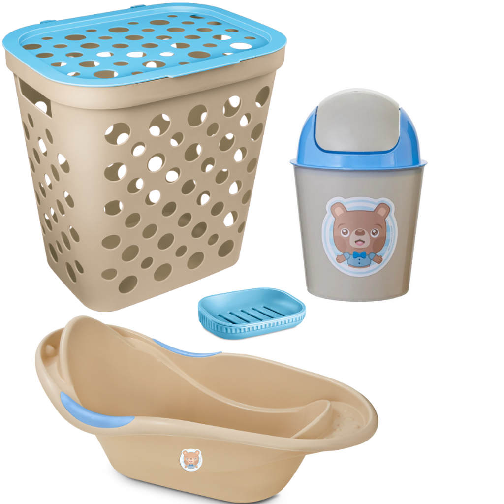 Kit Cesto de Roupa 30L, Banheira 20L, Lixeira 3L e Saboneteira com Escorredor Para Bebês Menino
