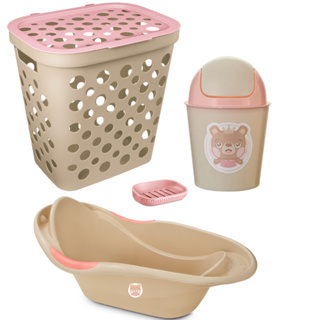 Kit Cesto de Roupa 30L, Banheira 20L, Lixeira 3L e Saboneteira com Escorredor Para Bebês Menina em Oferta na Shopee
