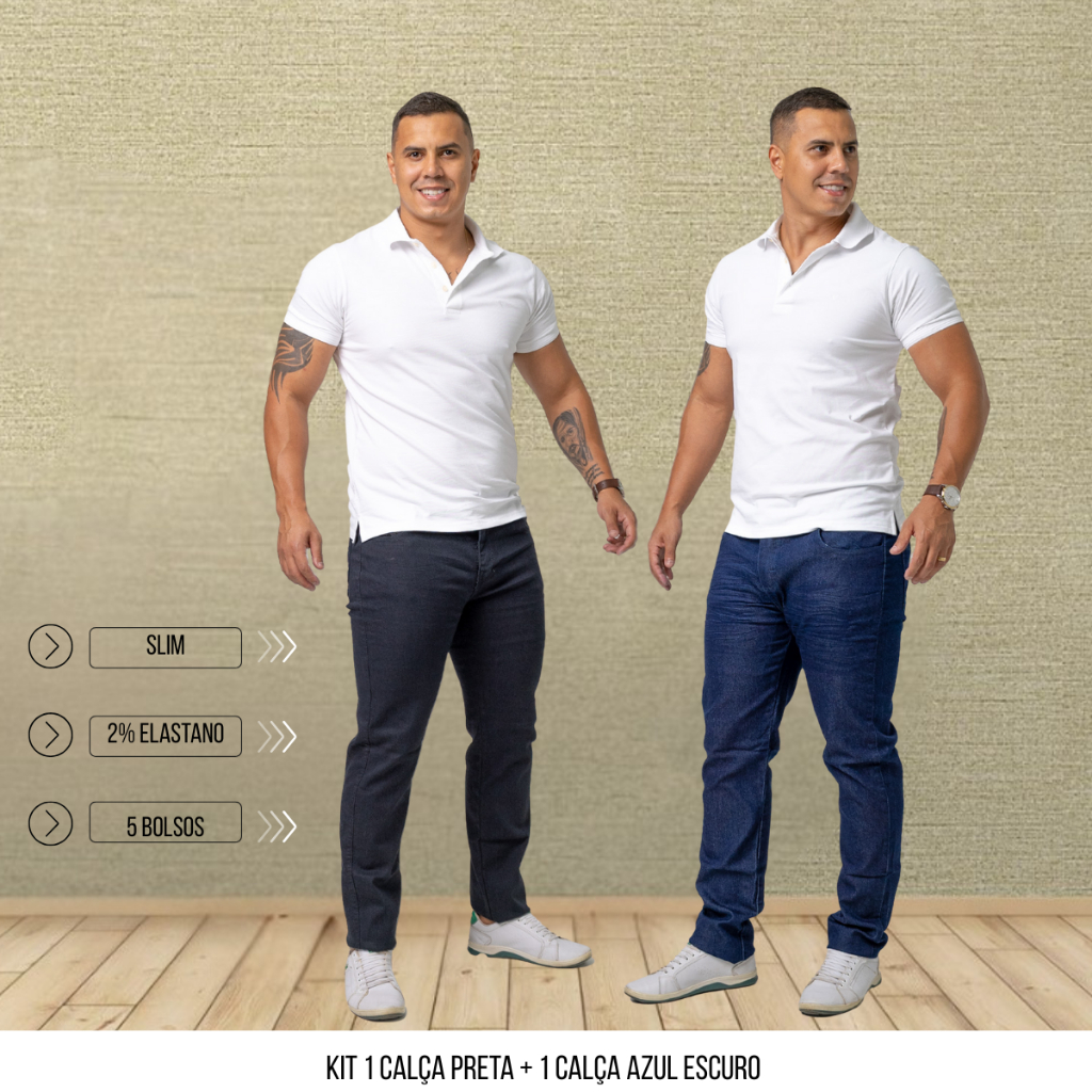 KIT 2 Calça Masculina Jens Slim Elastano Preta e Azul Escuro C/ Elasticidade | Marca Lions Jeans