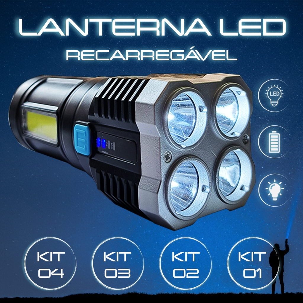 Lanterna Led 4 Núcleos Potente Usb Recarregável Prova D'água Melhor Lanterna Mais Forte Do Mundo