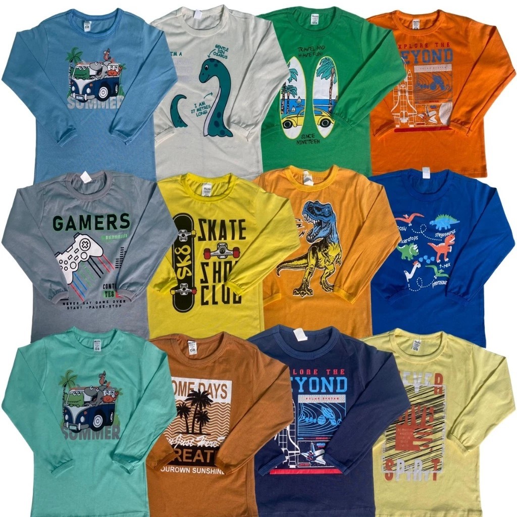Kit 5 Camisetas Infantil Sortidos Desenho Manga Longa Menino Inverno 2 à 8 Anos em Oferta na Shopee