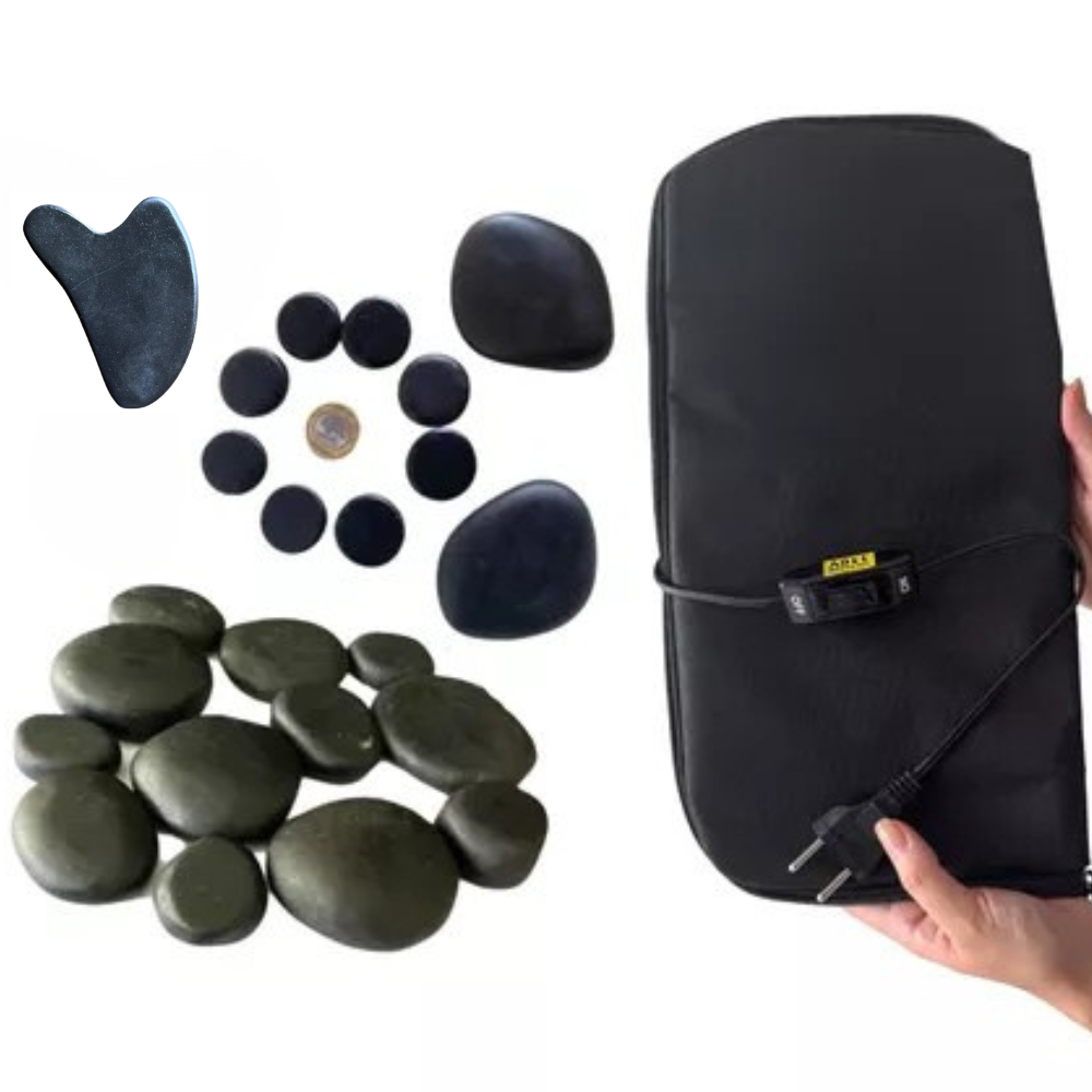 Kit 12 Pedras Vulcanicas Massagem + 10 Podais + Bolsa Térmica + Pantalinha + Guasha