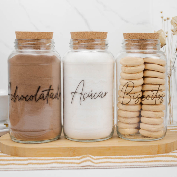 Kit Cantinho do Café - Achocolatado, Açúcar e Biscoitos | 3 potes de Vidro 810ml com Tampa Rolha + Adesivos