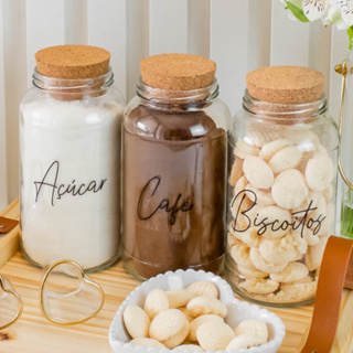 Kit Cantinho do Café - Café, Açúcar e Biscoitos | 3 potes de Vidro 810ml com Tampa Rolha + Adesivos em Oferta na Shopee
