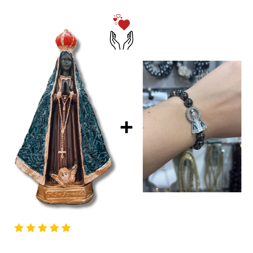 Kit Nossa Senhora Aparecida Italiana + Pulseira Hematita com Resplendor – Fé, Proteção e Presente Especial