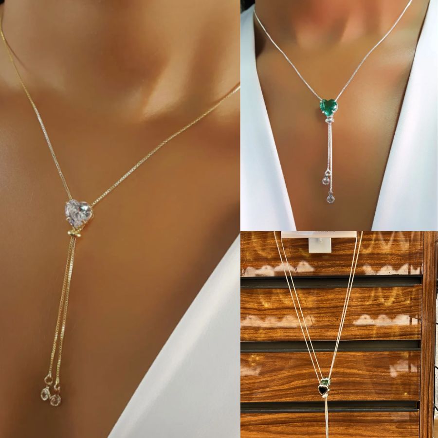 Colar com Formato Y de Coração  – Corrente Veneziana com Zircônia Cristal e Banho de Prata em Oferta na Shopee