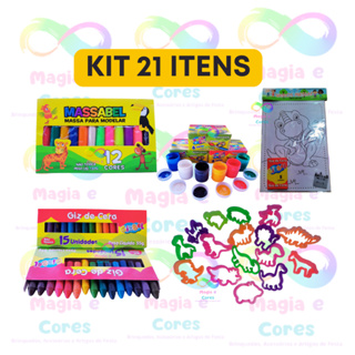 Kit (21 Itens): Massinha + Giz de Cera + Livro de Pintura + Tinta Guache + Cortador em Oferta na Shopee