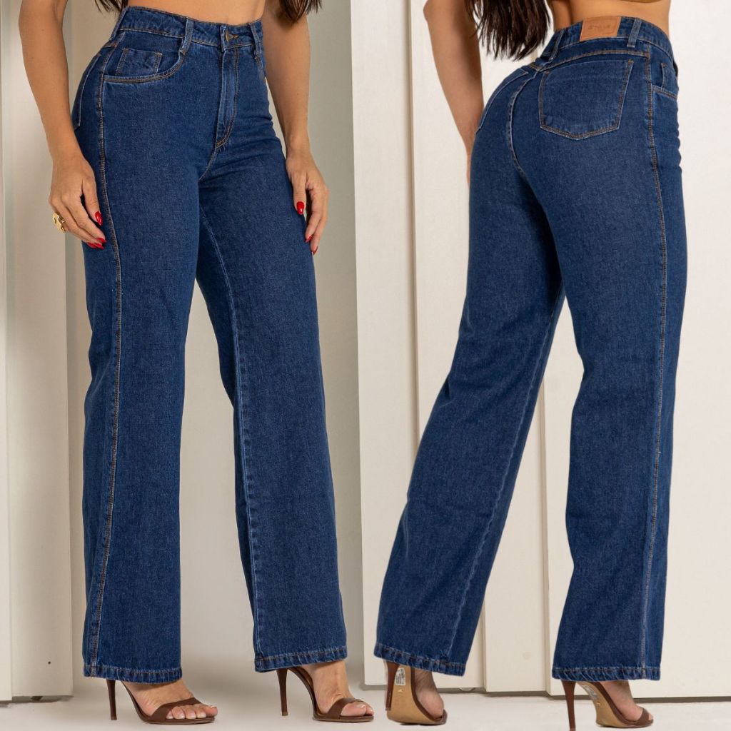 Calça Wide Leg Jeans Feminina Cintura Alta 100% Algodão  Sem Lycra
