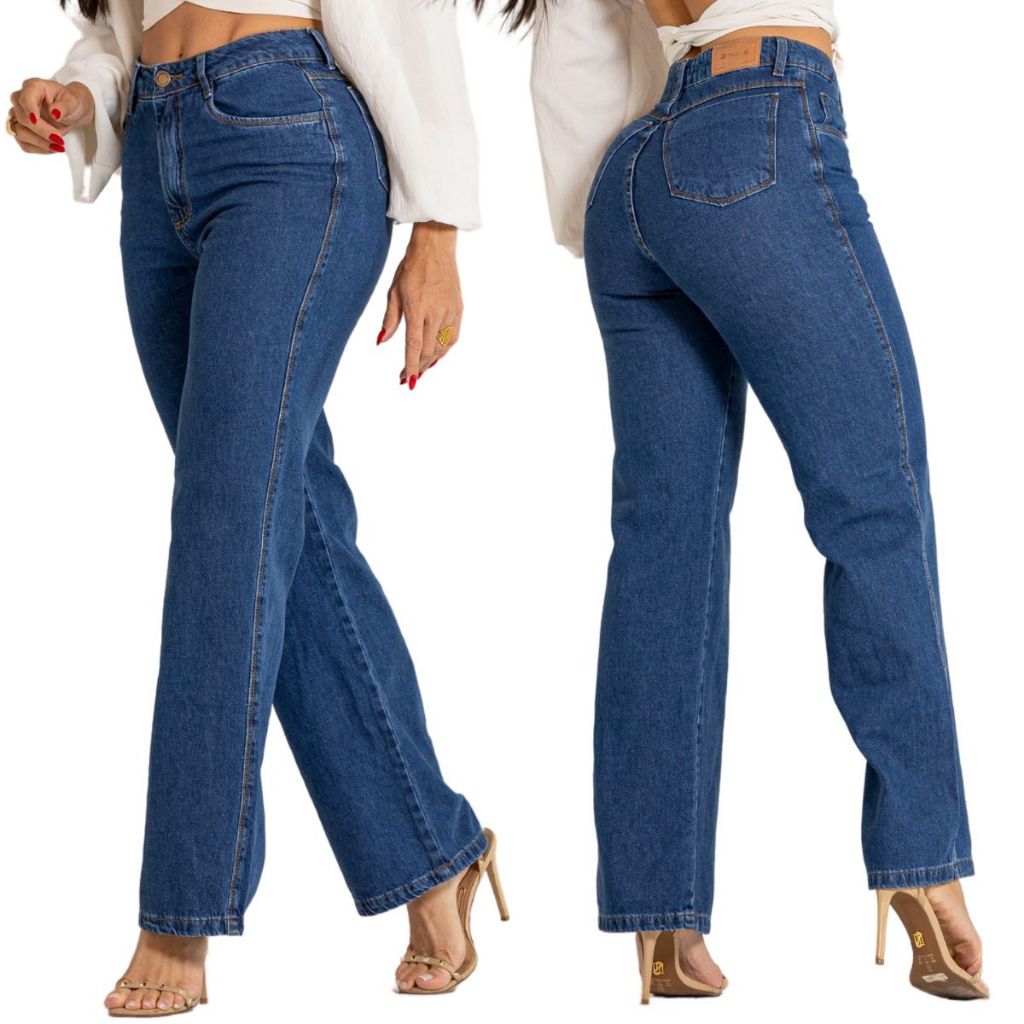 Calça Feminina Wide Leg Cintura Alta 100% Algodão Pantalona em Oferta na Shopee