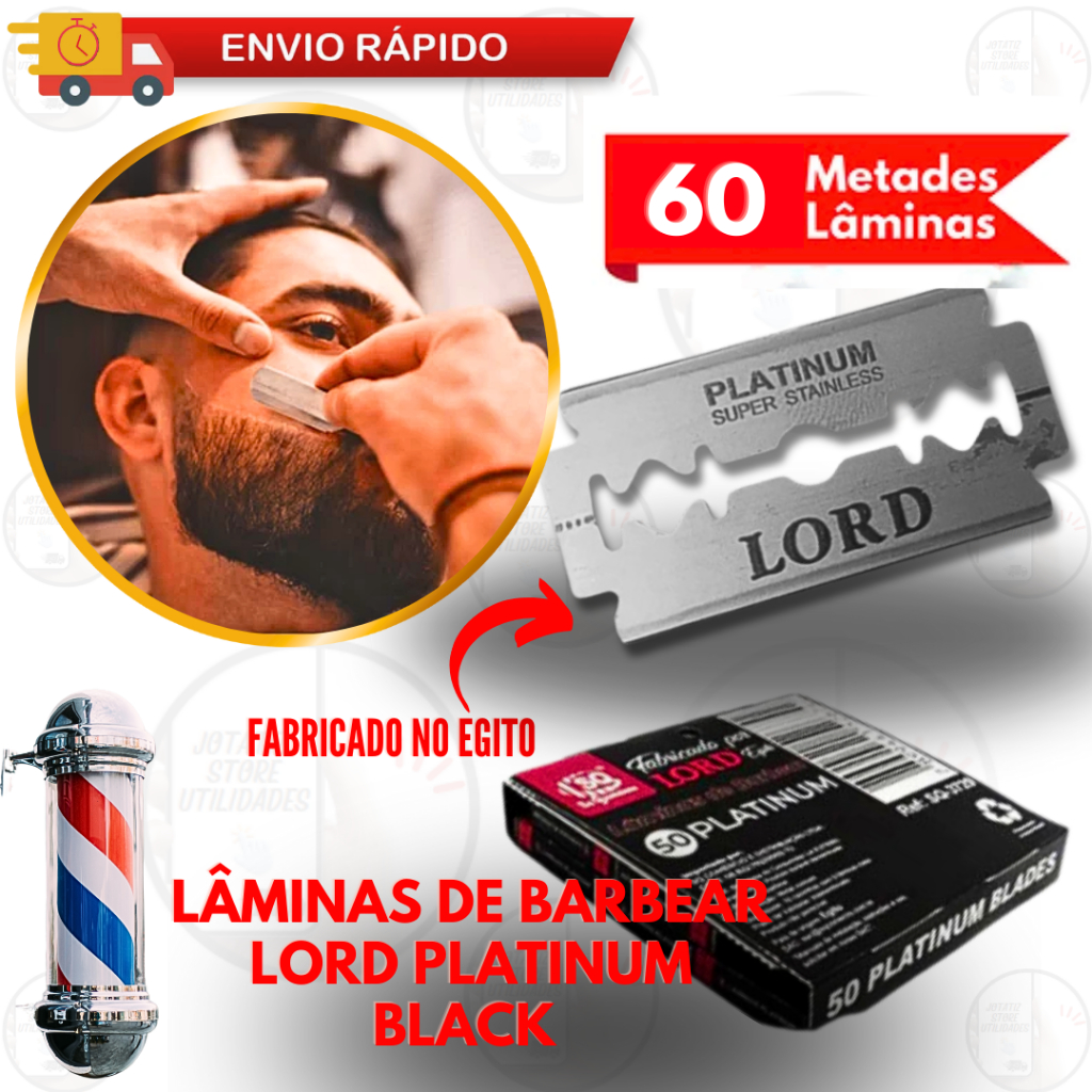 Lâmina Barbear 60/30/20 LORD Platinum Egito Profissional (meia) - 100% Inox Shampoo Para Barbear