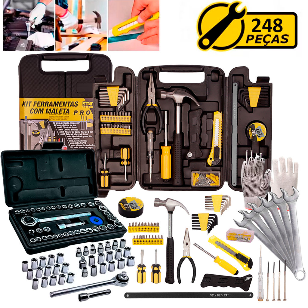 Kit Jogo Ferramentas 248 Peças Maleta Serviço Gerais Soquetes Chaves Combinada Luva Pigmen...