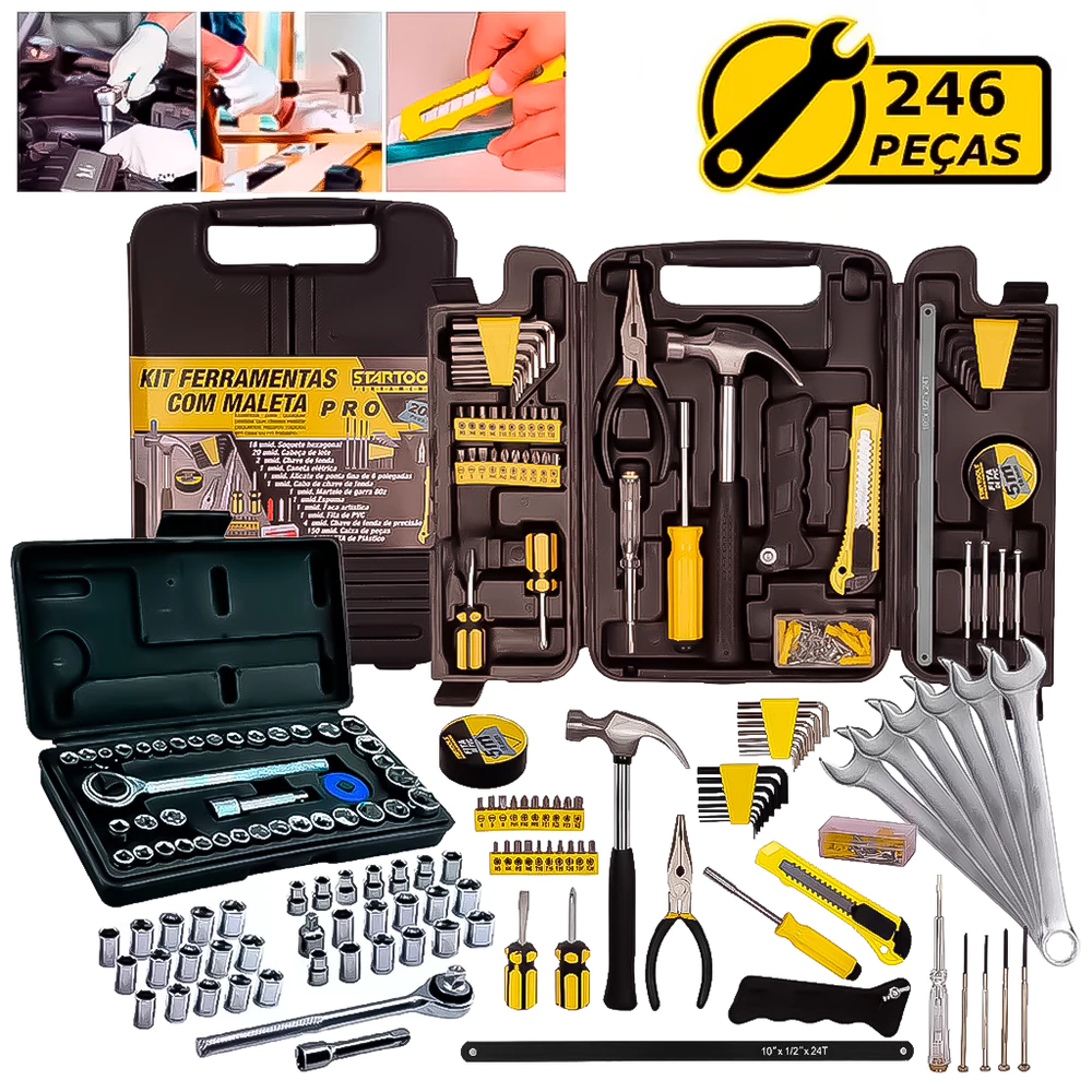 Kit Jogo De Ferramentas 246 Peças Soquetes Catraca Reversível Chaves Combinadas Multiuso Uso Geral