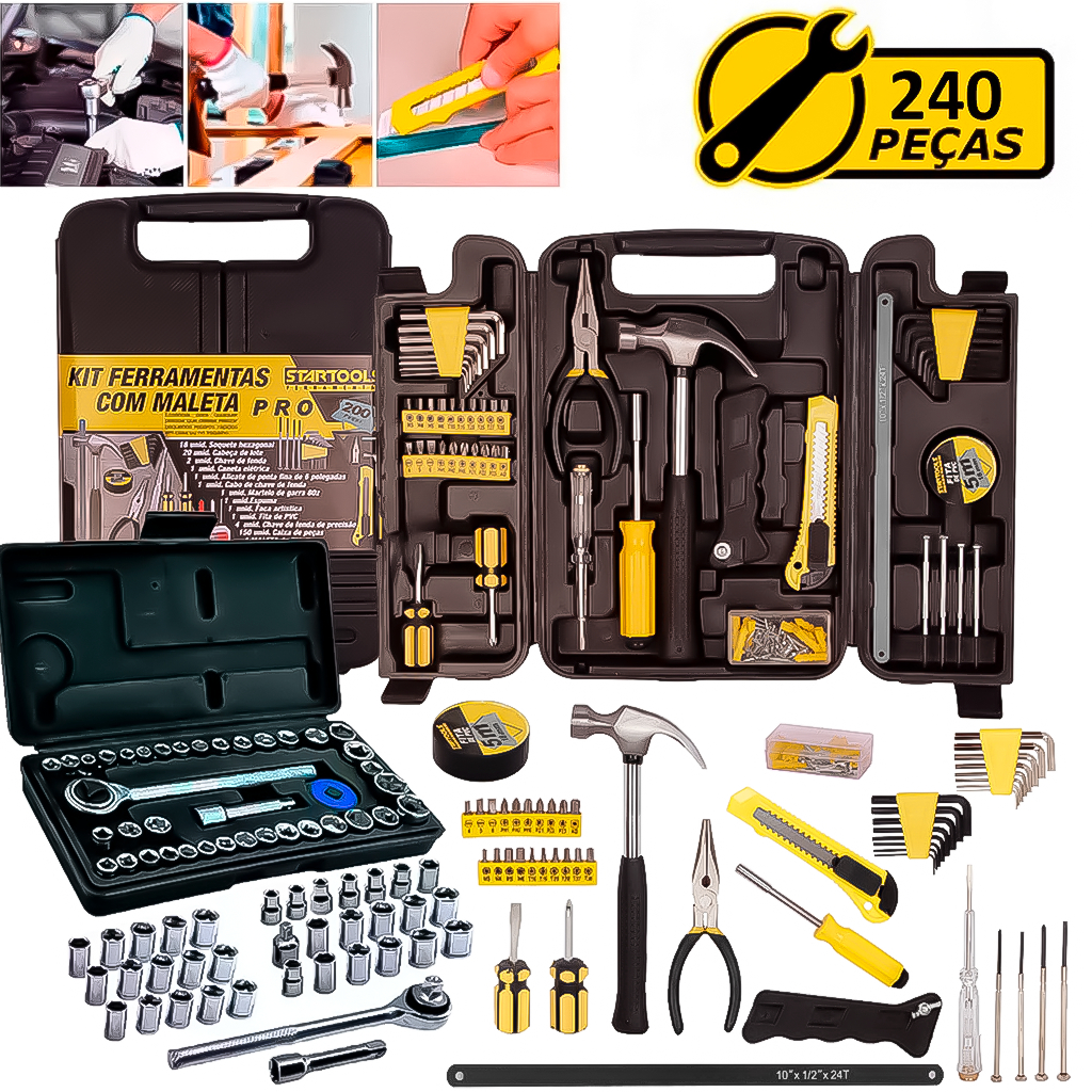 Kit Jogo De Ferramentas 240 Peças Maleta Estojo Caixa Maleta Completa + Soquetes Chave Catraca - Home & Living