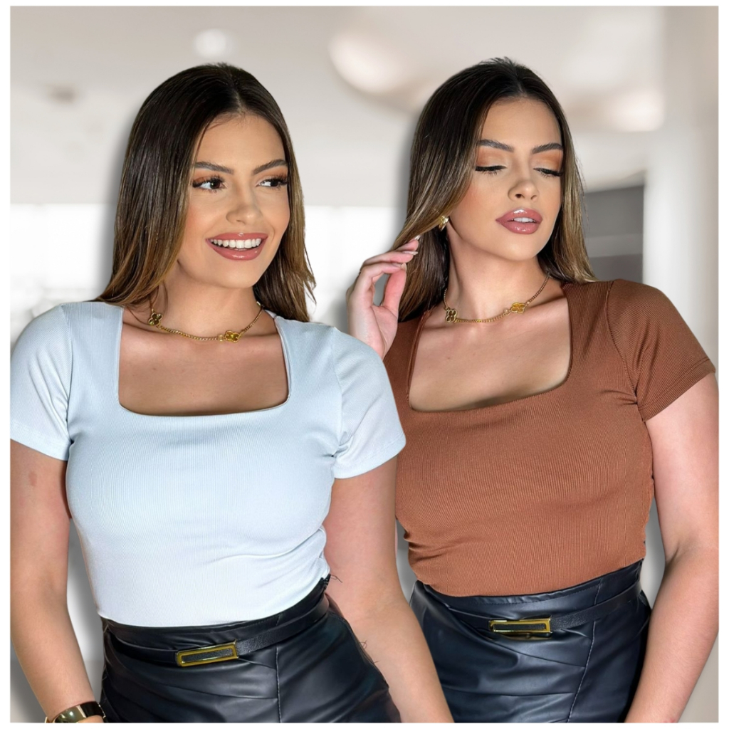 Blusa Camiseta Gola Quadrada Listrada Ribana Canelado Moda Gringa T-shirt Premium Camiseta Básica em Oferta na Shopee
