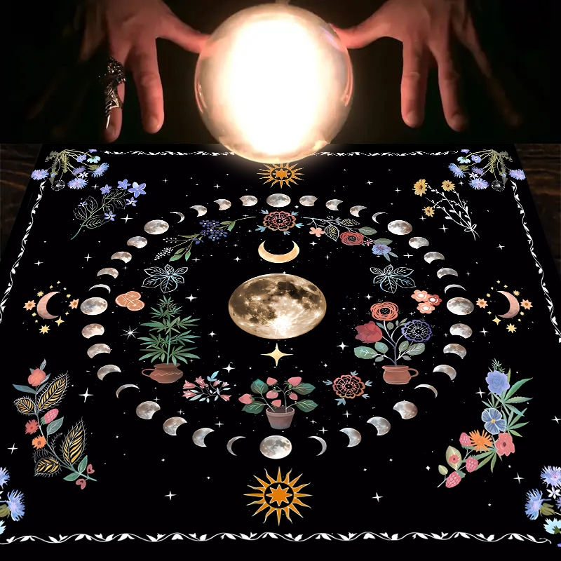 Toalha Mística de Mesa com Estampa de Flor & Lua • Tapete para Cartas de Tarô • Altar Bruxaria & Astrologia