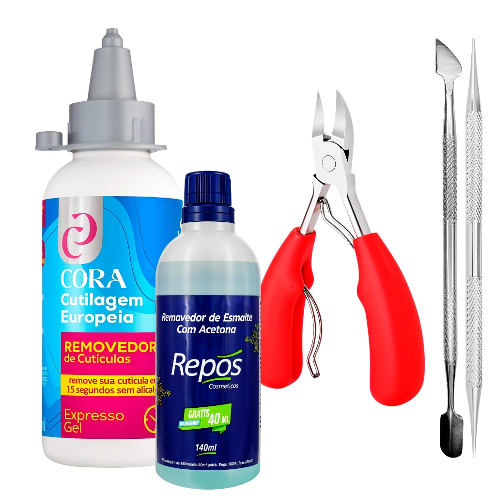 Kit Removedor De Cutícula 100ml Alicate De Corte Mola Dupla Acetona Espátula Palito Duplo Cora