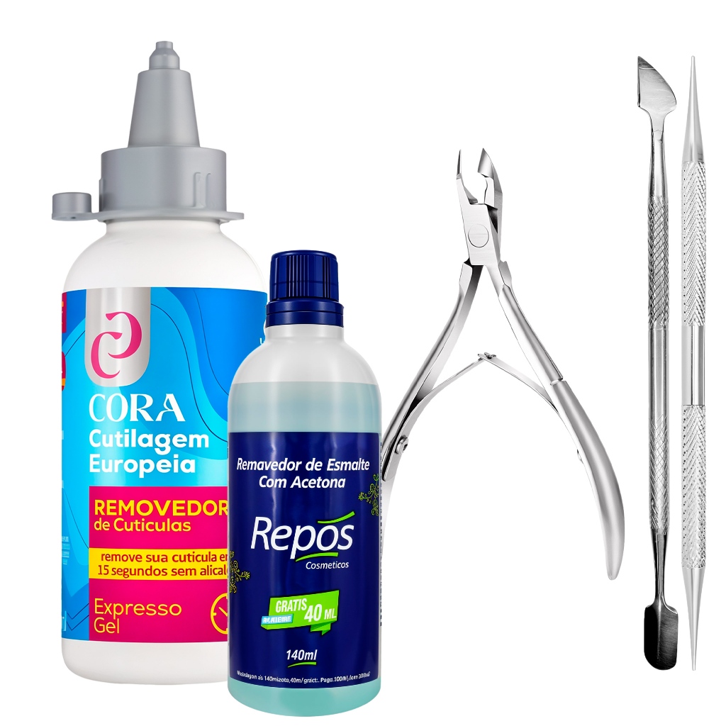 Kit Removedor De Cutícula Gel Alicate Profissional Acetona Espátula E Palito Ponta Dupla Cora