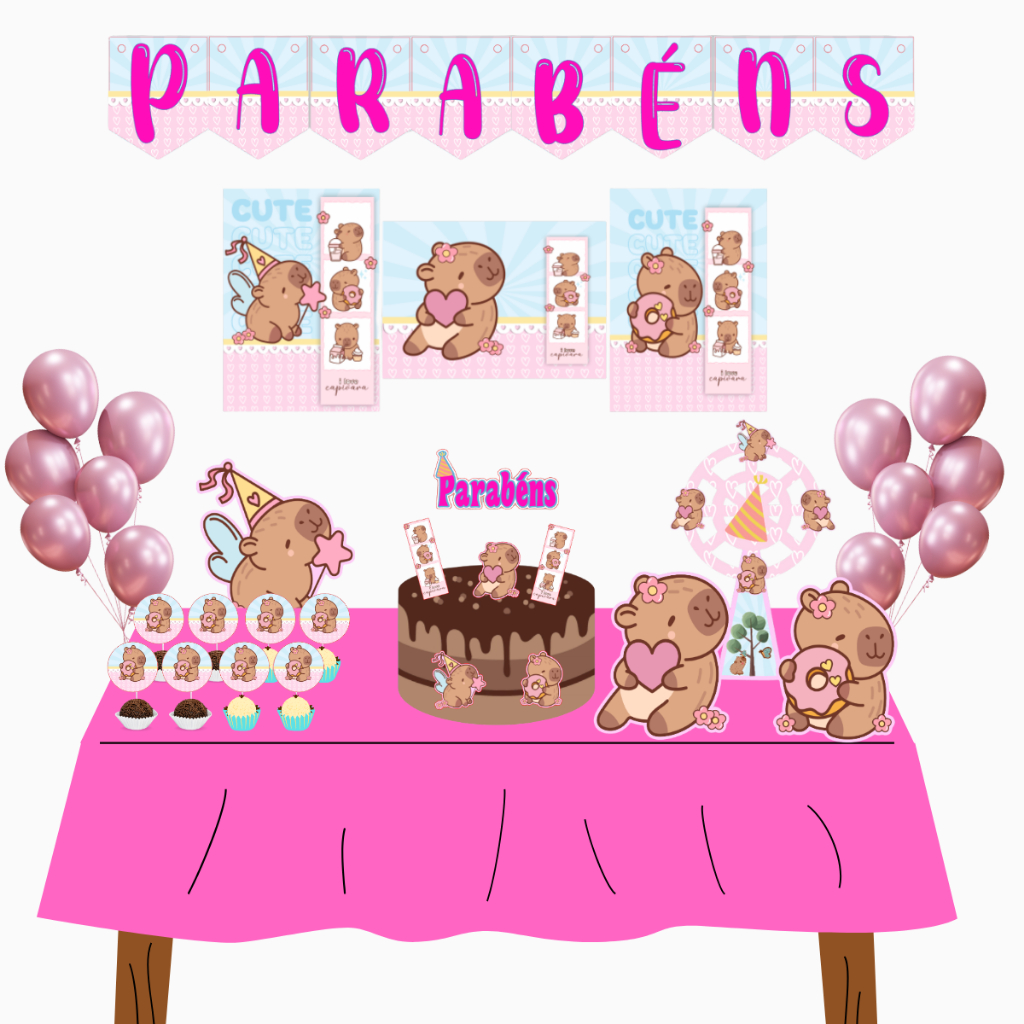 Kit festa em casa decoração aniversario mesversario Capivara rosa em Oferta na Shopee