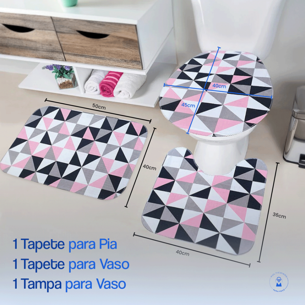 Kit Tapete Para Banheiro 3 Peças Antiderrapante Jogo Banheiro Costura Reforçada