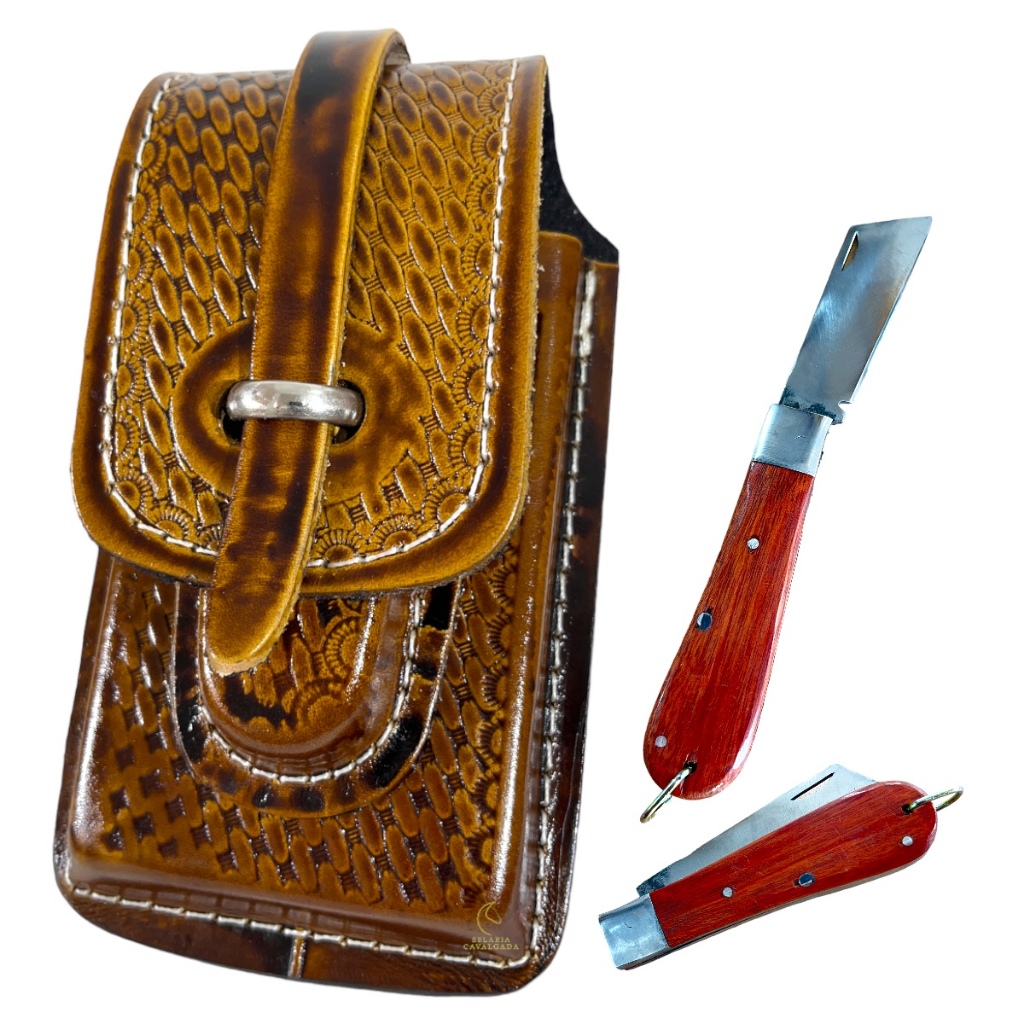 conjunto capa bainha com passador de cinto para celular e canivete resistente