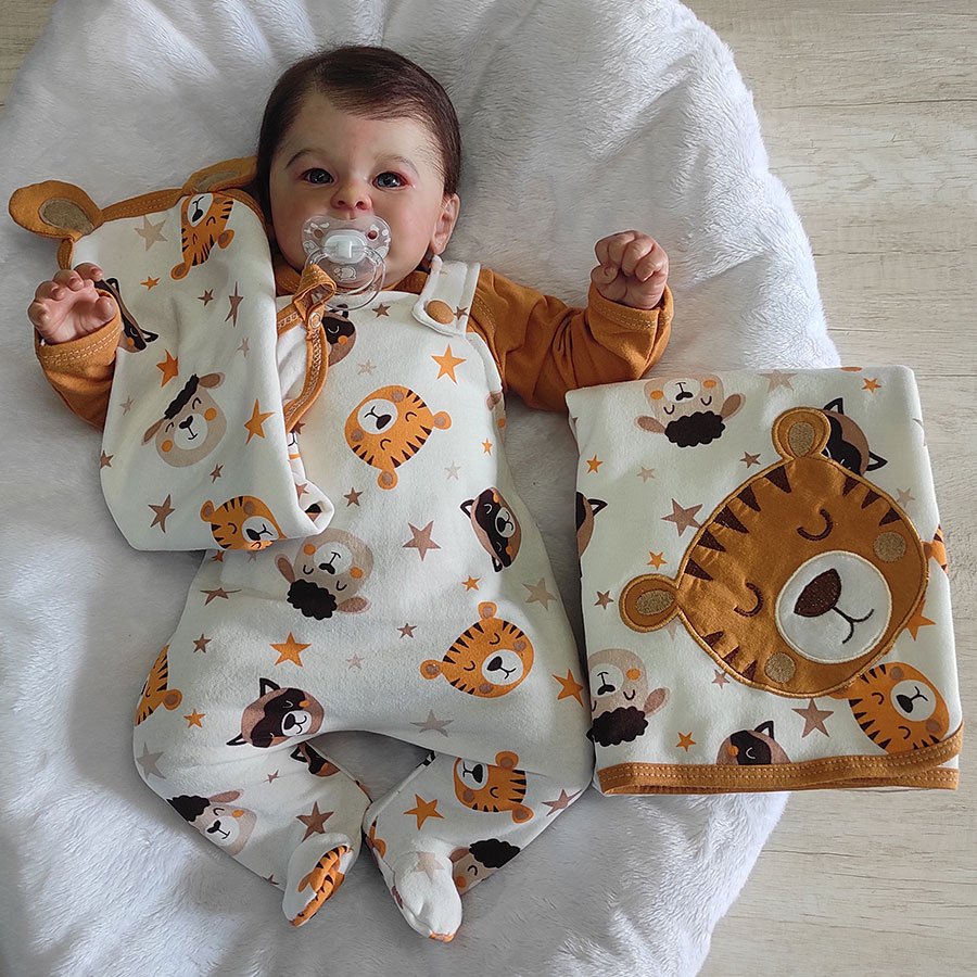 Saída de Maternidade Bebê Menino com Bordado Tigre Luigi Bege com Naninha Tamanho P em Oferta na Shopee
