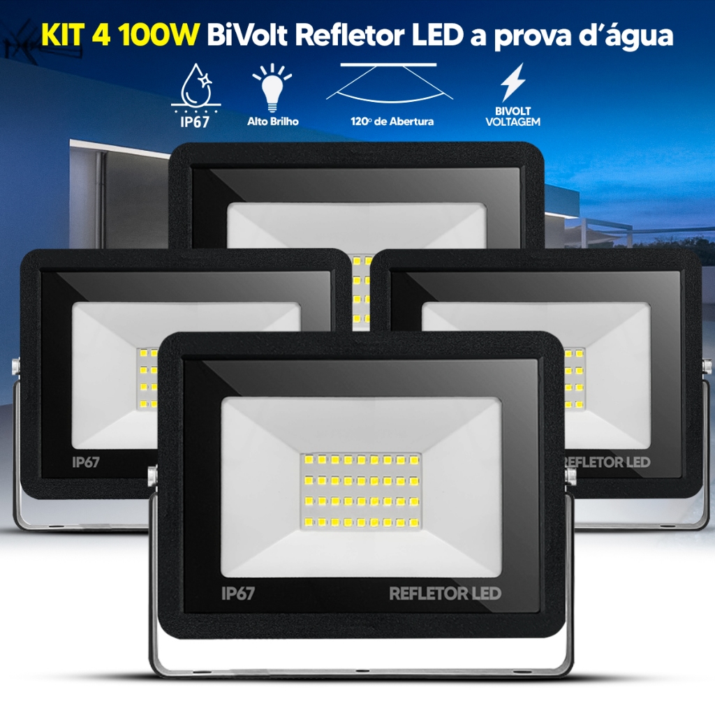 Kit 4 Refletor LED 100W Bivolt IP67 Branco Frio 6500K Slim à Prova D'Água para Áreas Externas