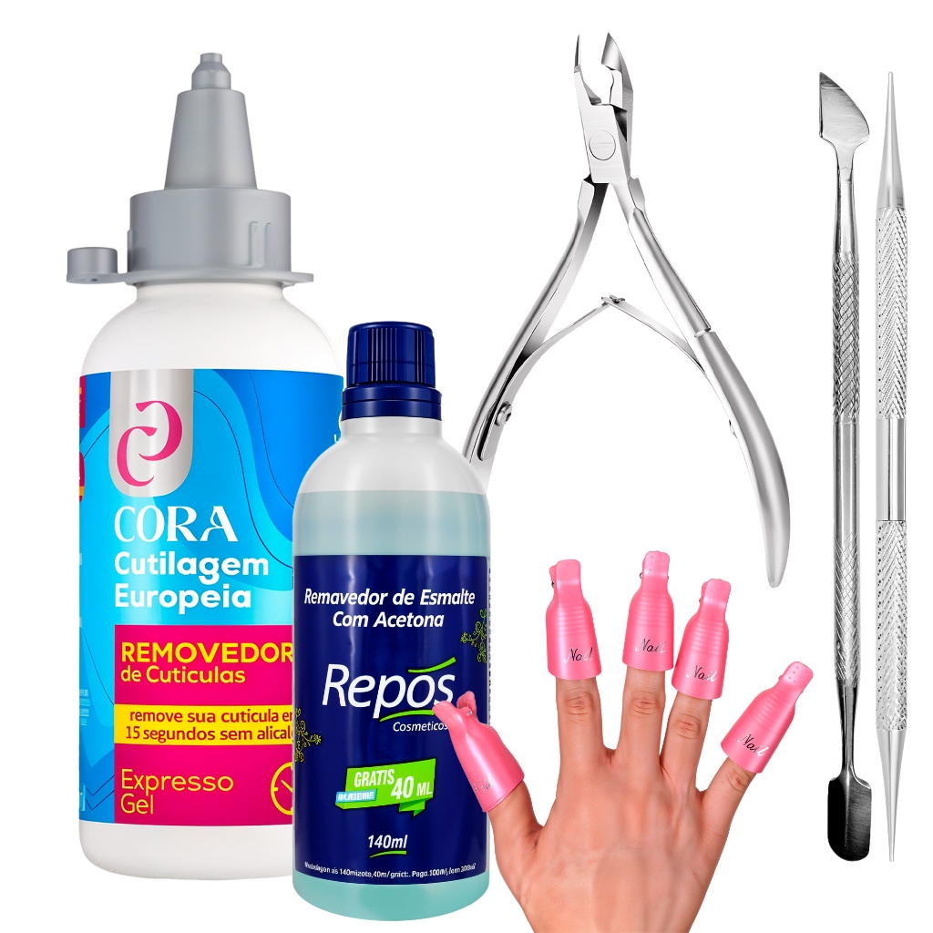Kit Manicure Removedor De Cutícula Dedeira Alicate Profissional Acetona Espátula E Palito Duplo Cora