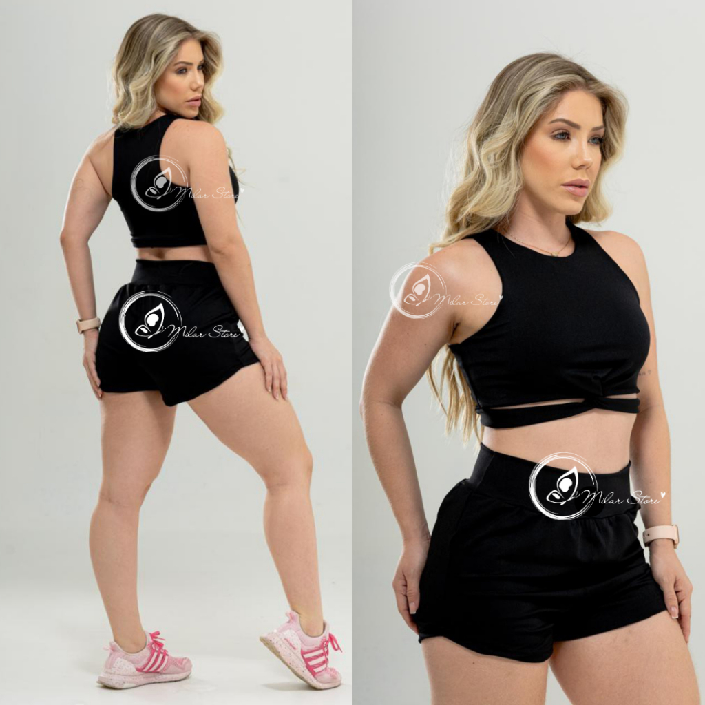 Conjunto Short e Top Fitness Feminino Academia Conjunto de Short Boxer Cintura Alta Suplex Top Alça