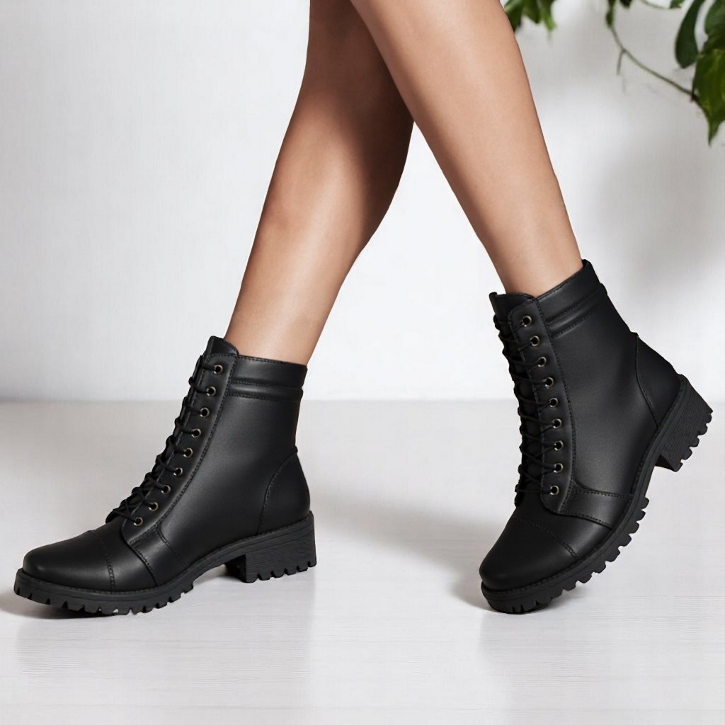 Bota Feminina Cano Curto Coturno Plataforma Tratorado Confortável Macio Leve Militar Salto Baixo