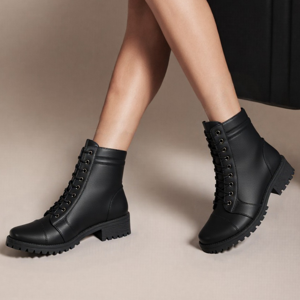 Bota Feminina Cano Curto Coturno Inverno Tratorado Plataforma Confortável Blogueira Militar