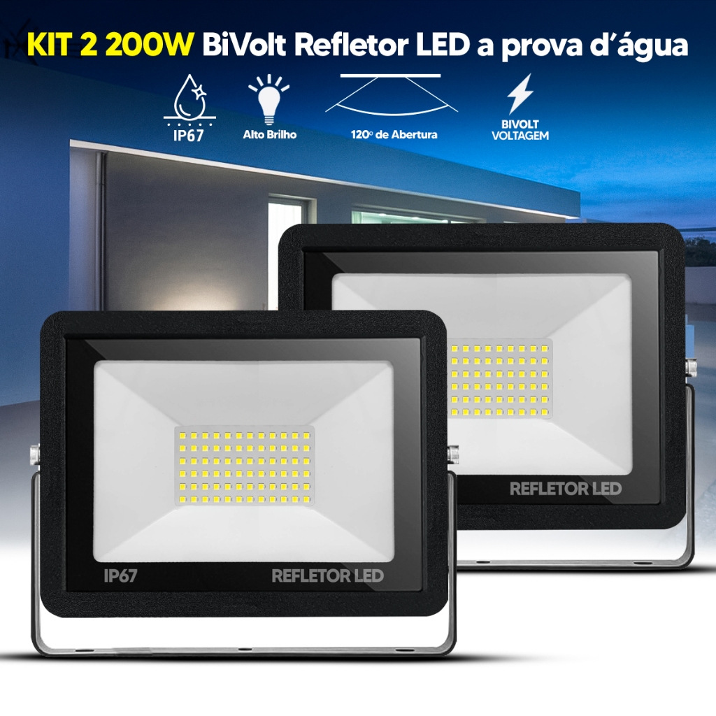 Kit 2 Refletores LED 200W Holofote Bivolt IP67 Branco Frio 6500K Alta Potência à Prova D'Água
